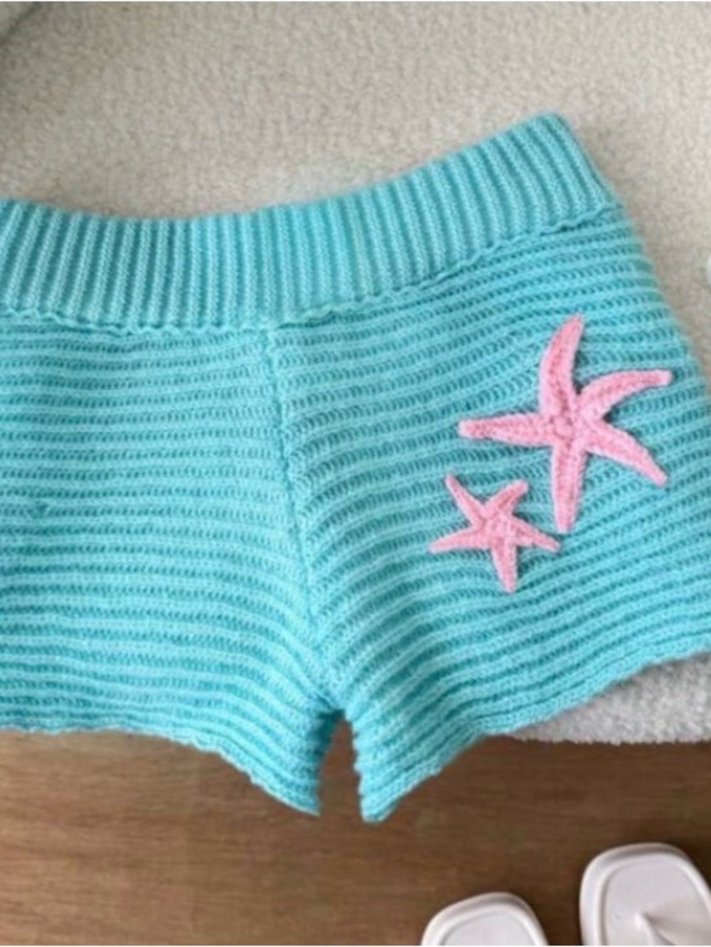 Aqua Knit Women's Shorts with Pink Starfish Appliqué